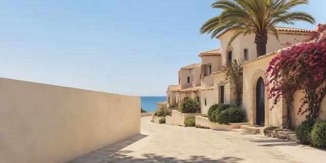 Sunlit Mediterranean residential lane with villas and palms
